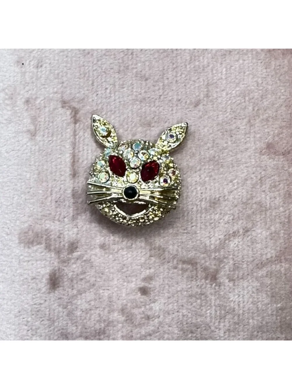 Vintage Aurora Borealis Crystal Rabbit Brooch Pin Red Rhinestone Eyes Gold-Tone